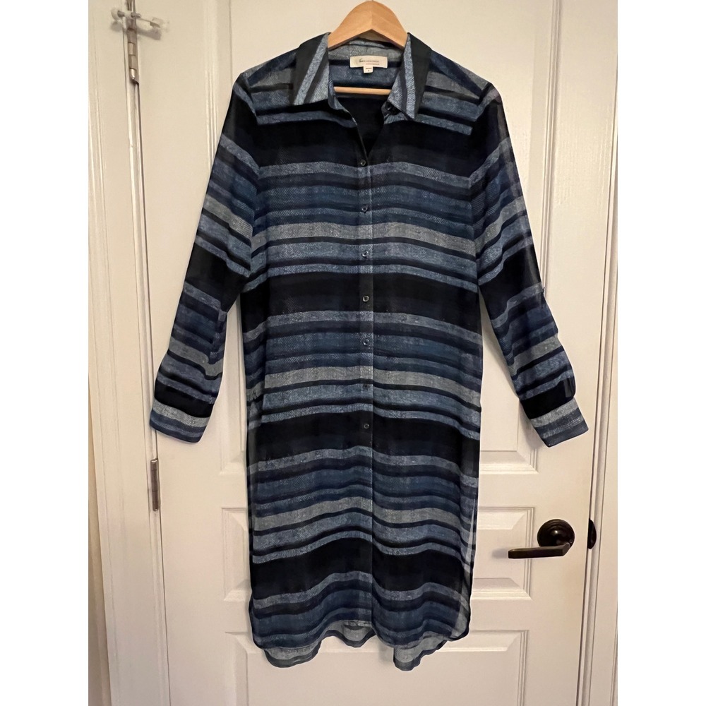 Two by Vince Camuto Shirt Dress S Blue Striped Sheer Roll Tab Tunic Lagenlook
